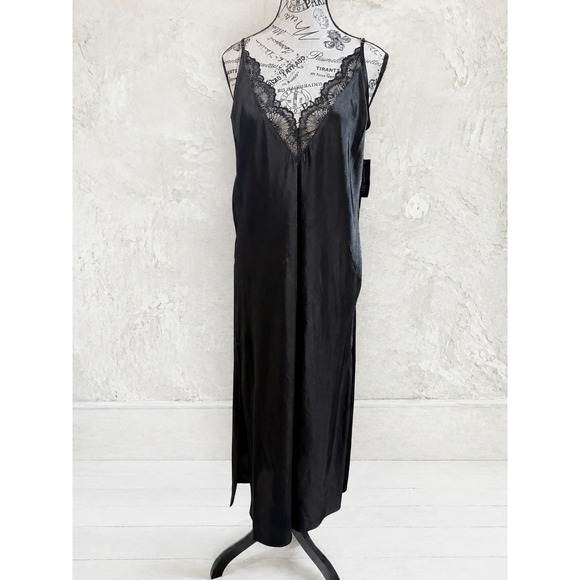 Lingerie Solutions Other - NWT INC International Concepts Black Satin Maxi Nightgown Lace Trim Small